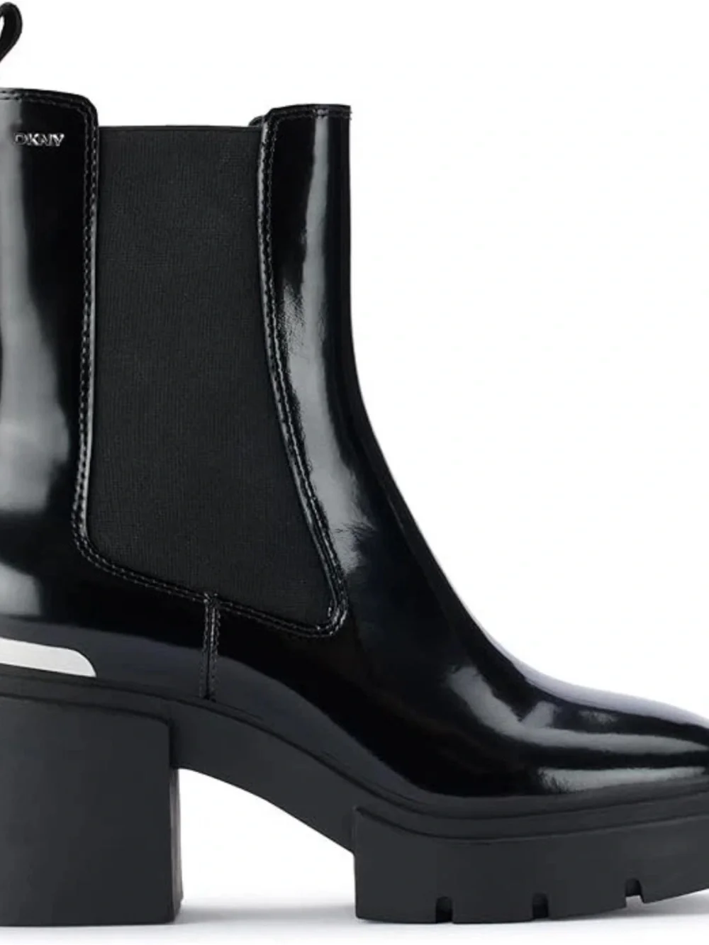 DKNY Thana Platform Chelsea Ankle Boot Black Leather Logo Rubber Sole Heel 6